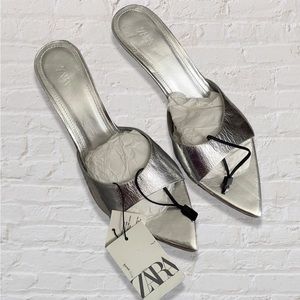Zara Silver Leather Pointed Toe Mule Heels